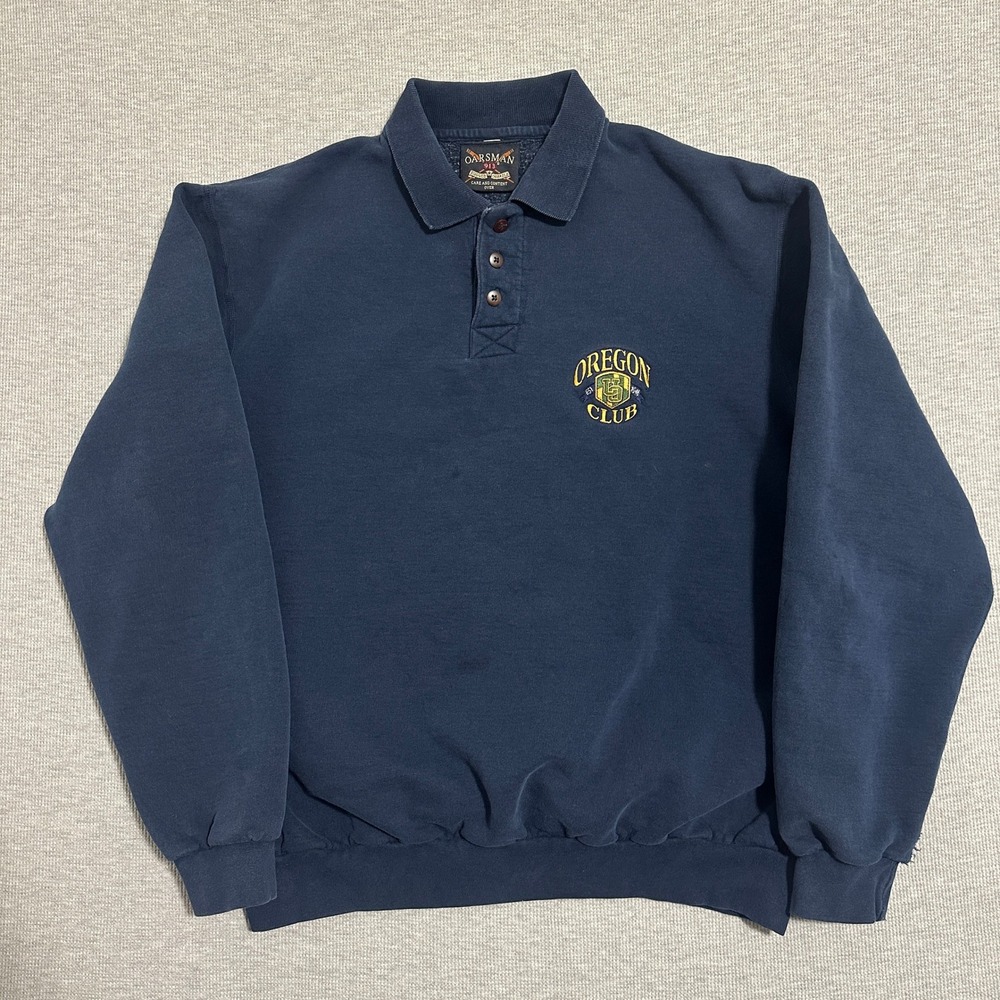 Oarsman 913 Oregon Club Polo Sweatshirt Navy Blue Cotton Fleece Mens Size Large